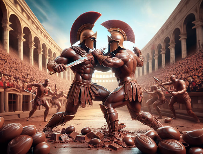 Roman gladiators covered with chocolate fighting in cocoa arena; AI image by Ivan Kralj / Dall-e.