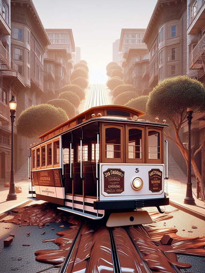 San Francisco cable car gliding on chocolate; AI image by Ivan Kralj / Dall-e.
