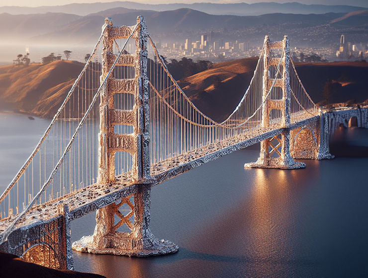 San Francisco's Silver Gate Bridge made of chocolate wrapping foil; AI image by Ivan Kralj / Dall-e.