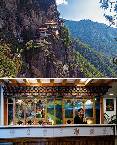 Taktsang, or Tiger's Nest, sacred Himalayan Buddhist site on a cliff (top, photo by Ugyen Tenzin), and the reception desk at Hotel Taktsang in Thimphu, with Taktsang as a wallpaper (bottom, photo by Agoda); the same name confused Diwas Puri, the founder of Best of Bhutan, into booking a wrong hotel for a guest, an example of destination mix-up.