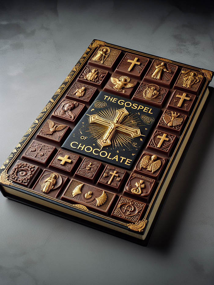 The Gospel of Chocolate, holy book with chocolate cover; AI image by Ivan Kralj / Dall-e.
