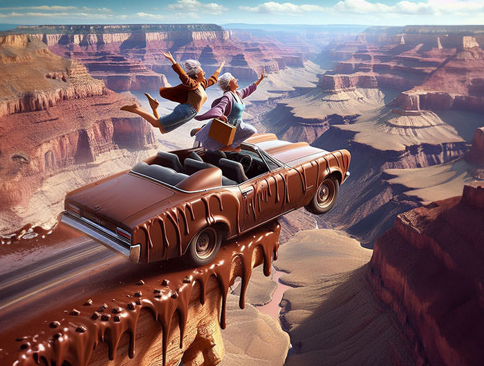 Famous scene from the movie "Thelma & Louise" where the two friends ride a car over the cliff of Grand Canyon, here covered in chocolate; AI image by Ivan Kralj / Dall-e.