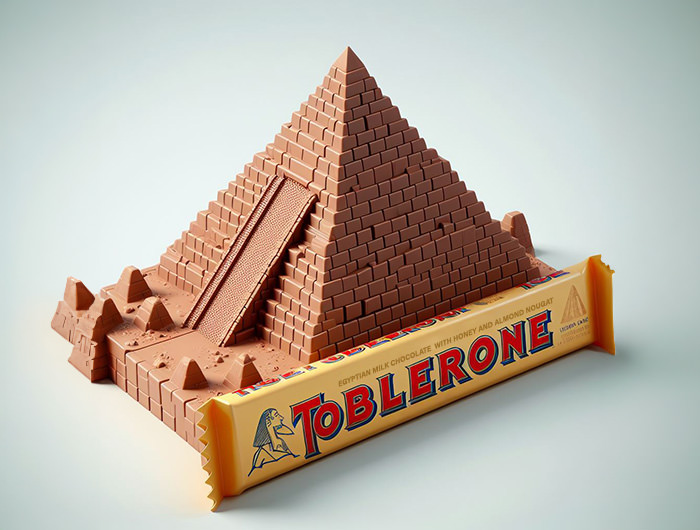Chocolate pyramid with Toblerone chocolate wrapper in Egyptian version; AI image by Ivan Kralj / Dall-e.