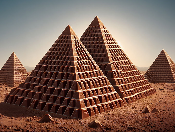 Pyramids of Gaza made of Toblerone chocolate; AI image by Ivan Kralj / Dall-e.