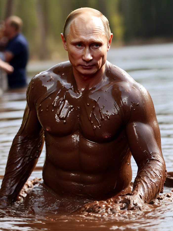 Shirtless Russian President Vladimir Putin covered in liquid chocolate while walking through a chocolate river; AI image by Ivan Kralj / Alchemy.