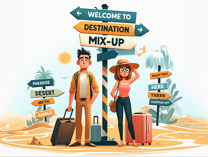 Comic illustration showing confused tourists lost among the signposts pointing out into different directions; the illustration of destination mix-up created by Ivan Kralj / Dall-e.
