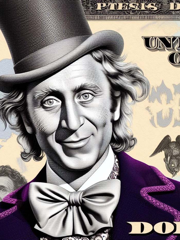 Willy Wonka on a dollar bill; AI image by Ivan Kralj / Dall-e.
