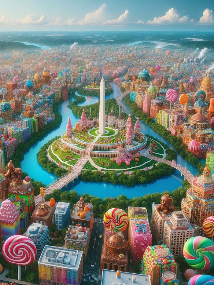 Wonkatown D.C., the sweet version of Washington panorama in a world where chocolate is abundant; AI image by Ivan Kralj/Dall-e.