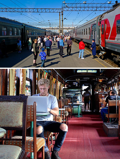 Train station in Yekaterinburg (top, photo by David G.), and Eddie Kingswell working on a laptop in a train-turned-cafe in Lima; the travel blogger purchased an infant ticket for his train ticket in Russia, and wasn't allowed to board.