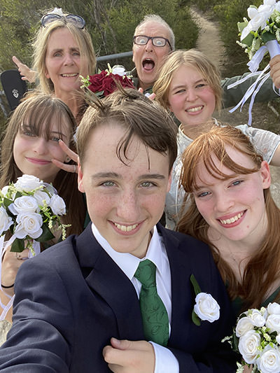 Shannon Coggins, Theo Simon, and Rosa, (re)uniting with their nephews and nieces at Shannon's sister Ellie's wedding.