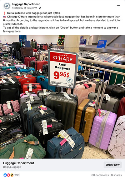 Fake Facebook page "Luggage Department" promoting a sale of lost baggage at Chicago's O'Hare International Airport for $9.95; one of many lost luggage scams popping up in social media.