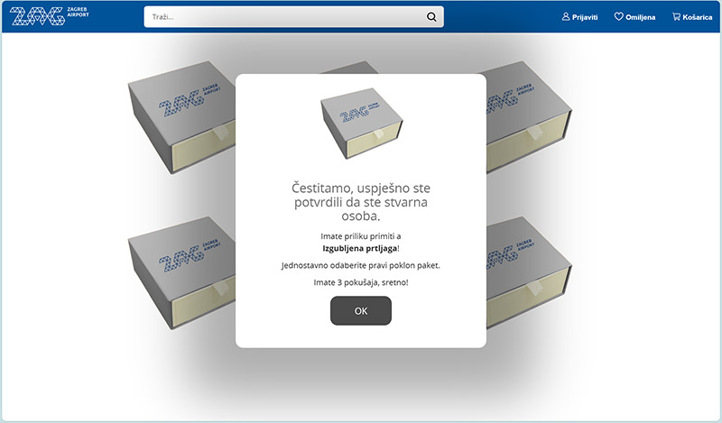 The congratulatory screen of fly3aga3.quest, the fraudulent site organizing a fake lost luggage sale for Zagreb Airport, confirming that the buyer has confirmed they are a human, and that now they have a chance of receiving a lost suitcase by choosing a correct giftbox. Out of six available, there are three chances to score a win. 