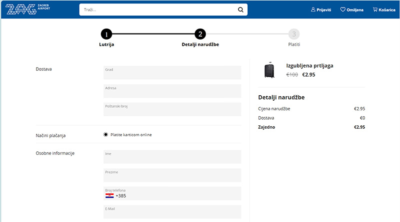 The order-details screen of fly3aga3.quest, the fraudulent site organizing a fake lost luggage sale for Zagreb Airport, asking for user's delivery address and personal details, with only the option of online payment available (€2.95 for the lost luggage + free shipping).