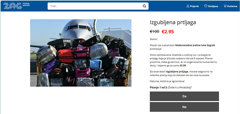 The screenshot of the front page of fly3aga3.quest, fraudulent website pretending to organize a lost luggage sale for Zagreb Airport, for "just €2.95".