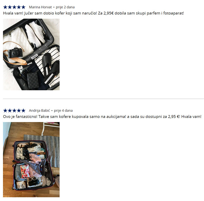 Fake reviews on fly3aga3.quest webpage, used for luring unsuspecting customers into an imaginary Zagreb Airport baggage sale, actually a lost luggage scam, and harvesting their credit card details.