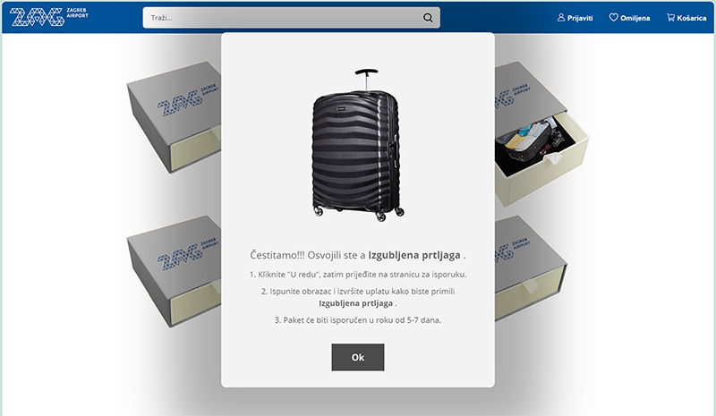 The congratulatory screen of fly3aga3.quest, the fraudulent site organizing a fake lost luggage sale for Zagreb Airport, confirming that the user has "won the lost luggage", with a delivery time of 5-7 days. 