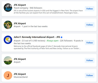 The list of JFK Airport Facebook pages, with the official one marked by the blue tick, a verification badge confirming its authenticity.