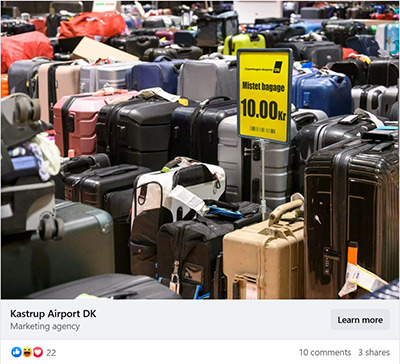 Facebook post claiming a forgotten baggage sale at Kastrup Airport for just 10 Danish Krone per bag; one of many lost luggage scams circling on Facebook.