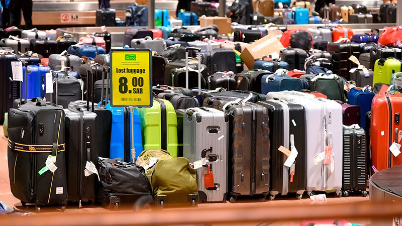 Lined-up suitcases with a photoshopped bright yellow sign advertising a fake unclaimed baggage sale at King Abdulaziz International Airport in Jeddah, Saudi Arabia, offering each bag for a price of 8 Riyals; one of the lost luggage scams that tricked Facebook users in handing over credit card details to fraudsters. The actual scene in this stolen and photoshopped image is shot at Hamburg Airport by a photographer Jonas Walzberg / DPA: