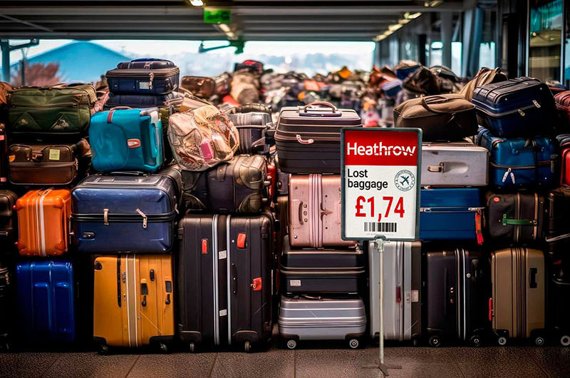 Suitcases with a sign advertising a lost baggage sale for £1.74 per piece; one of numerous lost luggage scams on the web.