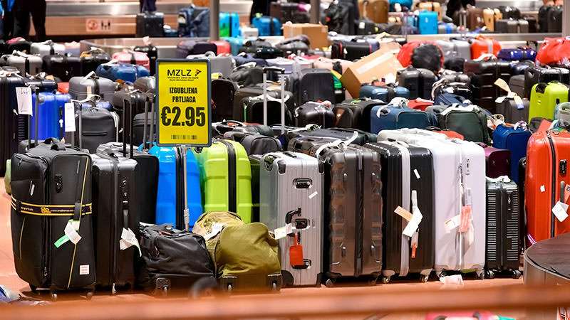 Lined-up suitcases with a photoshopped bright yellow sign advertising a fake unclaimed baggage sale at Zagreb Airport, offering each bag for a price of €2.95; one of the lost luggage scams that tricked Facebook users in handing over credit card details to fraudsters. The actual scene in this stolen and photoshopped image is shot at Hamburg Airport by a photographer Jonas Walzberg / DPA:
