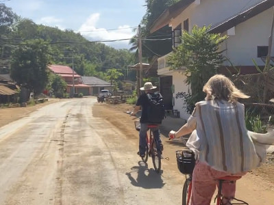 Shannon Coggins and Theo Simon on bicycles, no-fly family on their slow travel journey to Australia.