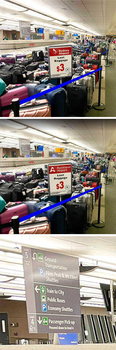 Photoshopped image of Denver International Airport, with added signs advertising a $3 lost baggage sale, supposedly at Sydney and Auckland Airports; just two of numerous lost luggage scams that work through fake Facebook pages.