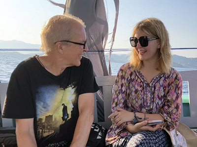 Theo Simon and Rosa on a boat, during their no-fly family's slow trip to Australia.