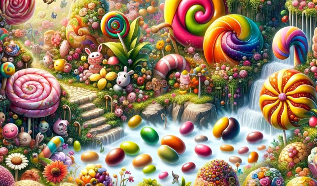 AI visual of candy-covered landscape for Willy's Chocolate Experience in Glasgow; created by the House of Illuminati.