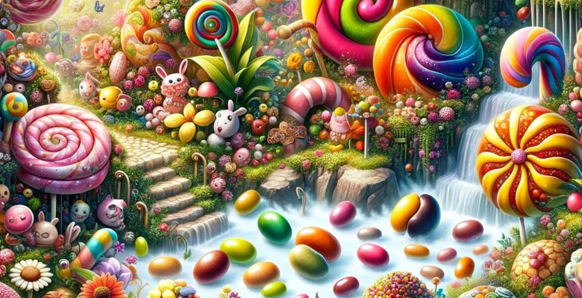 AI visual of candy-covered landscape for Willy's Chocolate Experience in Glasgow; created by the House of Illuminati.