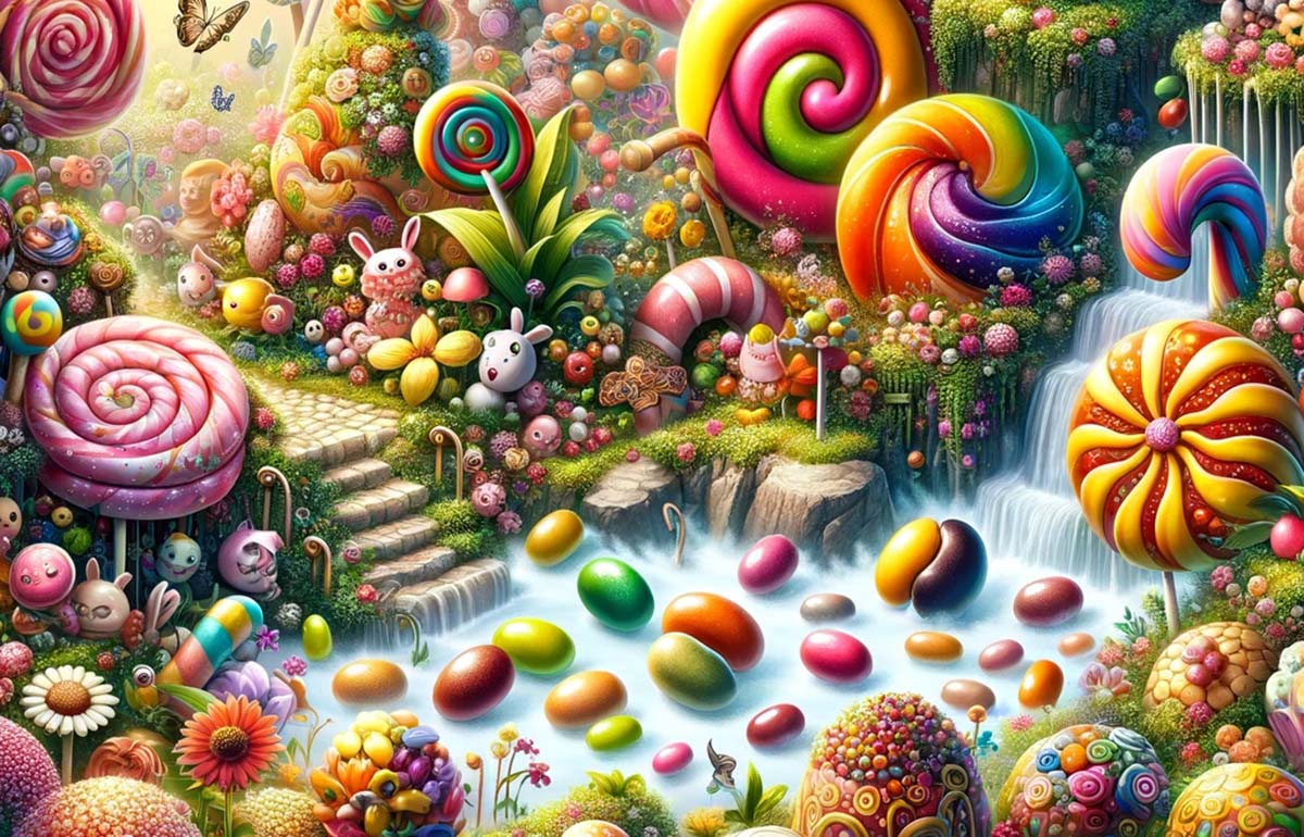 AI visual of candy-covered landscape for Willy's Chocolate Experience in Glasgow; created by the House of Illuminati.