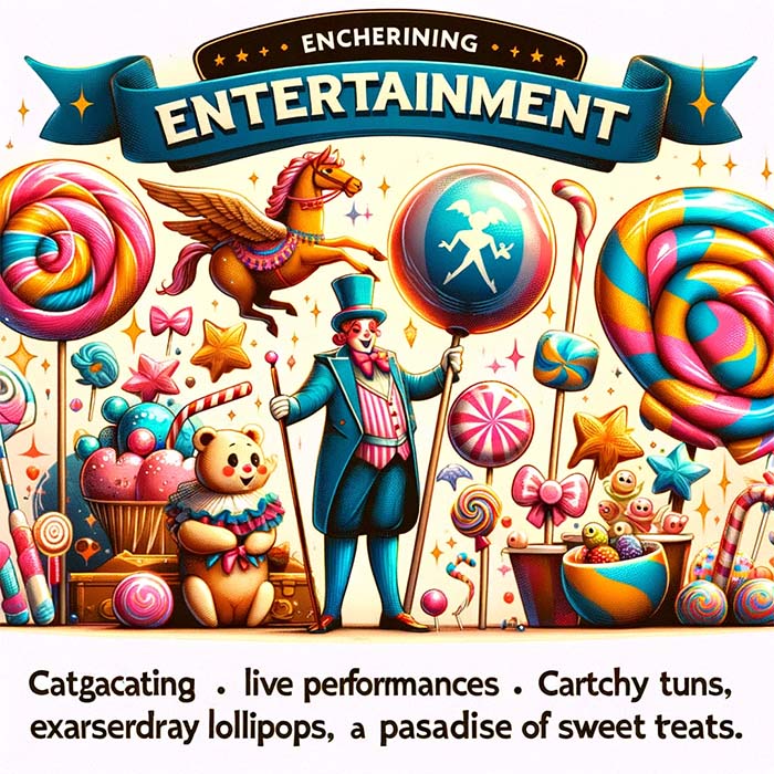 One of the AI visuals for Willy's Chocolate Experience in Glasgow, a fiasco event that didn't deliver, with AI gibberish wording thrown around a colorful candy visual ("encherining entertainment", "cartchy tuns", "exarserdray lollipops", "pasadise of sweet teats"); created by the House of Illuminati.