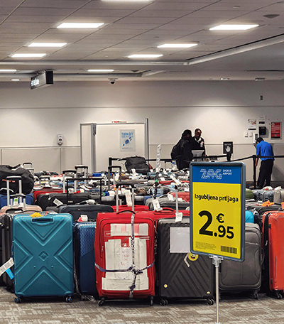 Suitcases displayed on an airport with a bright yellow sign advertising a lost luggage sale for just €2.95, with a logo of Zagreb Airport; one of the many lost luggage scams that appeared on Facebook in 2023-2024.