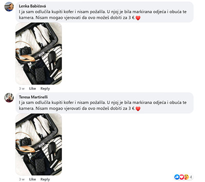 Two different users leaving the same comment, with same images, under the lost luggage scam on fake Facebook page misrepresenting Zagreb Airport.
