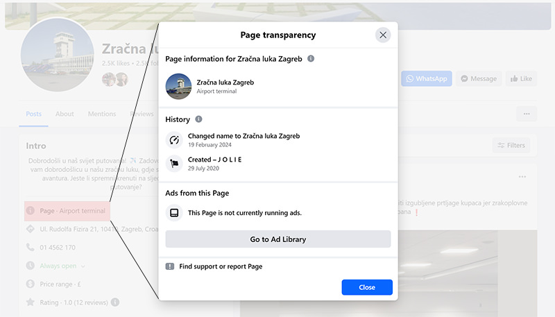 Facebook page transparency data for the fake page Zračna luka Zagreb, impersonating Zagreb Airport for lost luggage scam; previously the page was known as JOLIE, the Colombian shoe brand.