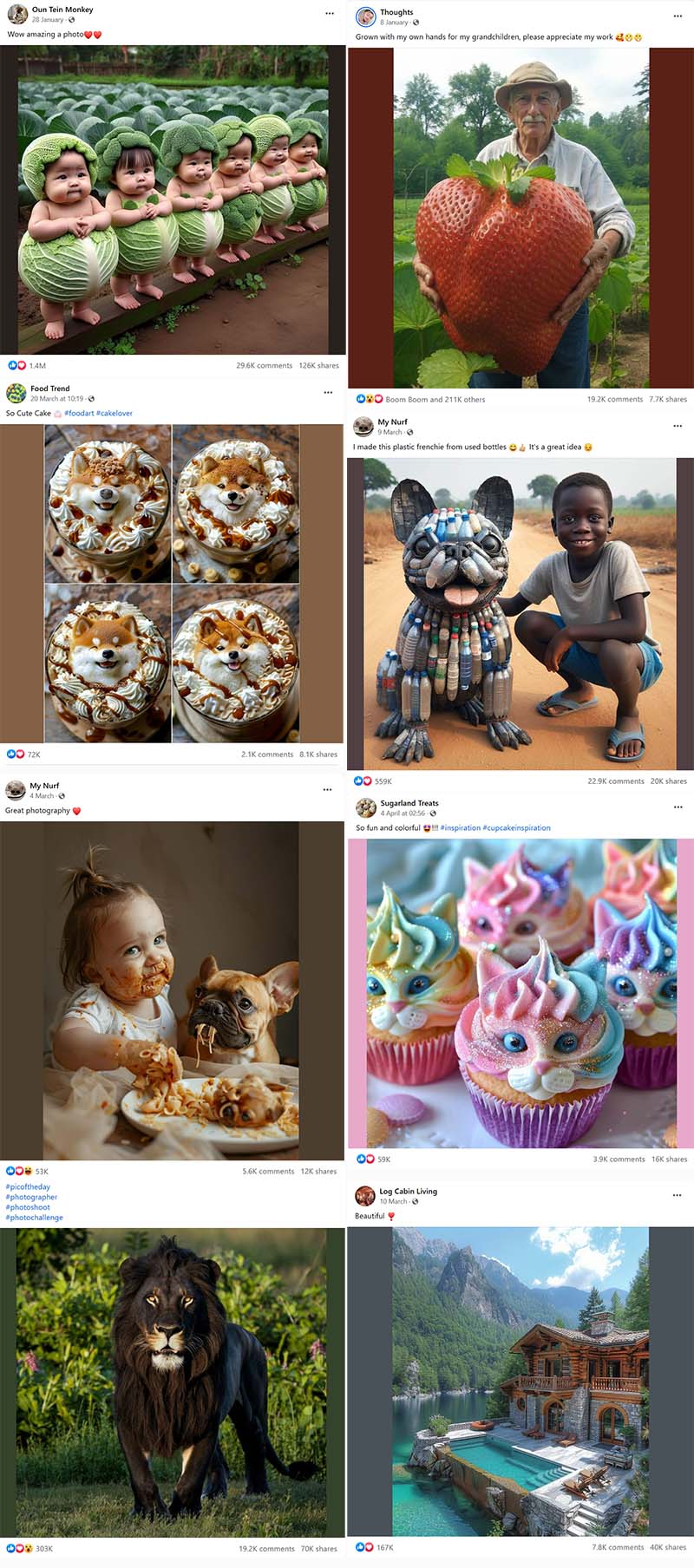 Collage of AI Facebook pictures, from babies dressed in cabbage, to gigantic strawberry, "made it with my own hands" creation of plastic bottles, food art, log cabins, and a black lion. All of it is fake, but presented as real photography.