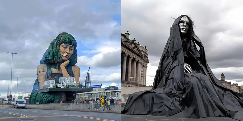 AI images of Bored Oompa Loompa and The Unknown, inspired by characters on fiasco event "Willy's Chocolate Experience", presented as if they were erected in Glasgow; AI images created by Alan Livie and shared in Facebook group Travel Scotland Goals.