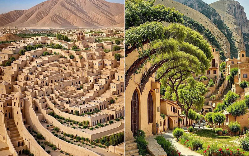 Spiral AI images of Iran and Konitsa, Greece, where architecture and nature wind in a continuous curl; presented on Facebook as if these were real.