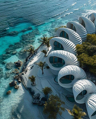 Seashell-shaped cottages by the sea, supposedly in the Maldives, but actually an AI-generated image, published on the Maldives Islands Facebook page.