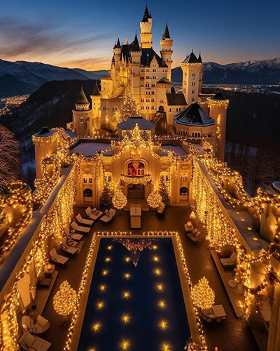 Neuschwanstein Castle with Christmas lights and a swimming pool, AI image created by Maria Dudkina (@sunt_mrr), and shared by Mobicastle - World of Castles Facebook page, as if it were a real drone photograph.