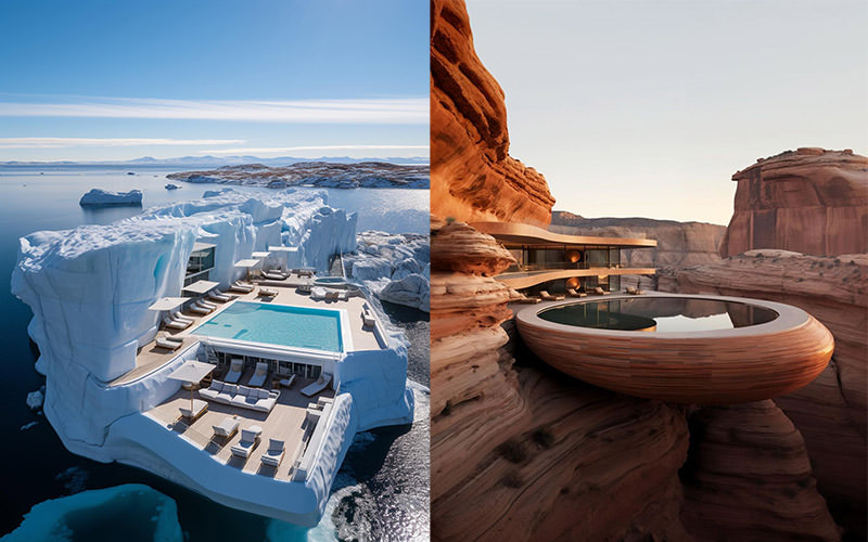 Surreal imaginary pool villas in Greenland (on an iceberg) and Utah (on mountain cliff), AI images created in Midjourney by Maria Dudkina (@sunt_mrr).