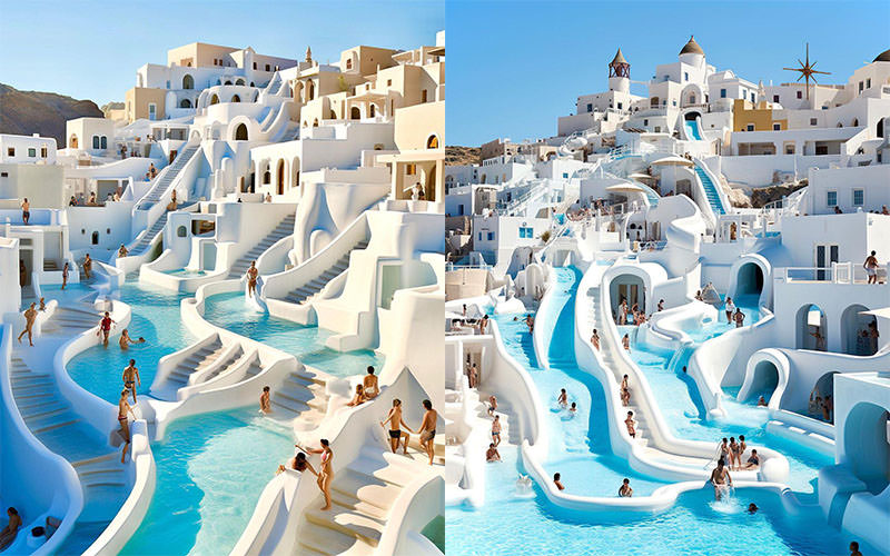 AI images of Santorini waterpark published on journey.mstfootball.com website