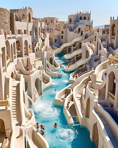 An AI image representing a waterpark in Santorini, with waterslides among the houses, published on a Facebook page A World of Luxury Travel.