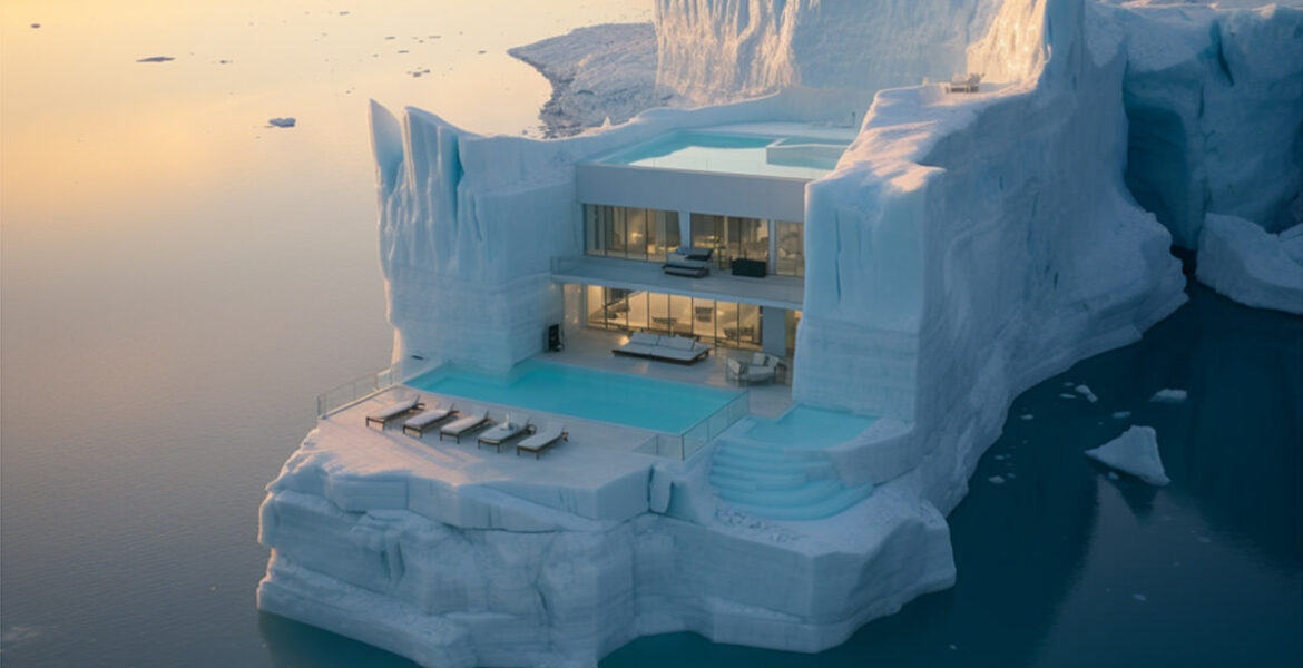 Villa Iceberg, a modern villa on a floating iceberg, equipped with a swimming pool and sundeck chairs, concept design by Maria Dudkina, @sunt_mrr, created with AI Midjourney; one of the AI Facebook images that have been causing quite a stir on the social media network.
