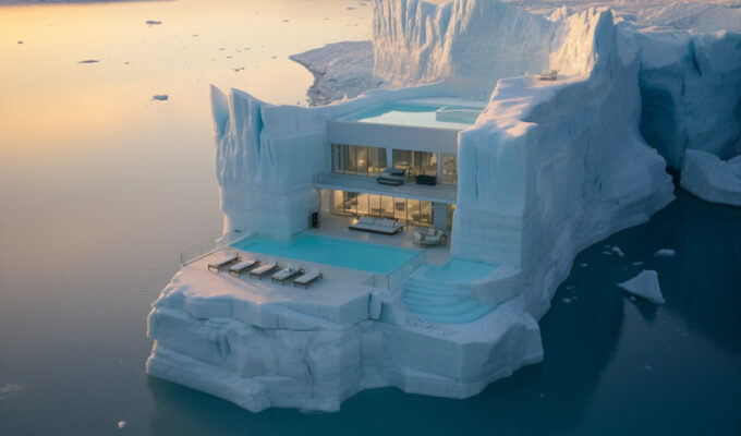 Villa Iceberg, a modern villa on a floating iceberg, equipped with a swimming pool and sundeck chairs, concept design by Maria Dudkina, @sunt_mrr, created with AI Midjourney; one of the AI Facebook images that have been causing quite a stir on the social media network.