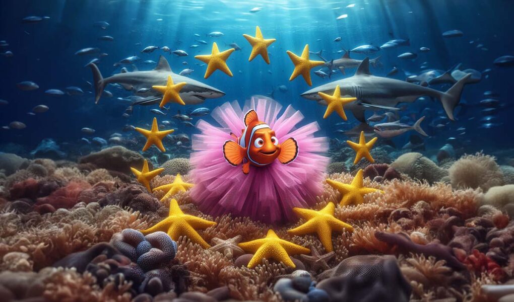 Nemo in a pink tutu, representing the winner of the Eurovision Song Contest 2024, surrounded by golden starfish representing the European flag, and sharks in the background - Europe, not united by music; AI image by Ivan Kralj / Dall-e/Adobe