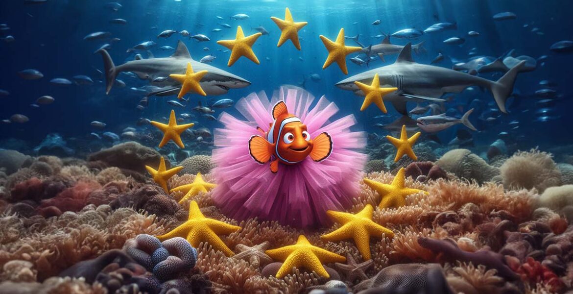 Nemo in a pink tutu, representing the winner of the Eurovision Song Contest 2024, surrounded by golden starfish representing the European flag, and sharks in the background - Europe, not united by music; AI image by Ivan Kralj / Dall-e/Adobe