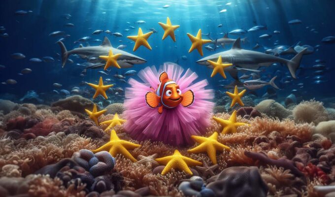 Nemo in a pink tutu, representing the winner of the Eurovision Song Contest 2024, surrounded by golden starfish representing the European flag, and sharks in the background - Europe, not united by music; AI image by Ivan Kralj / Dall-e/Adobe