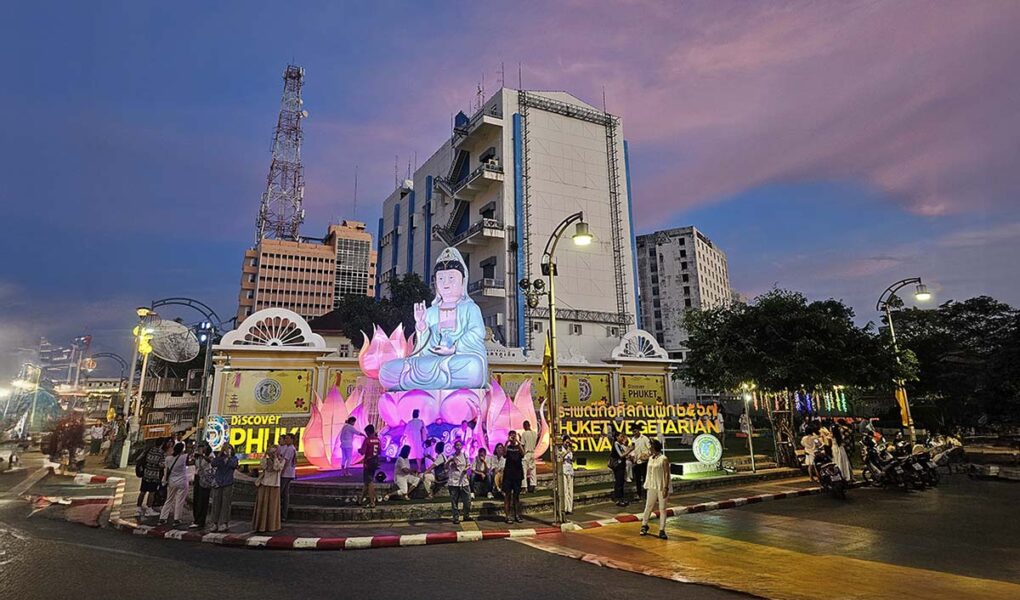 Phuket Vegetarian Festival 2024, an inflated goddess sitting on a lotus, decoration, during sunset; photo by Ivan Kralj.