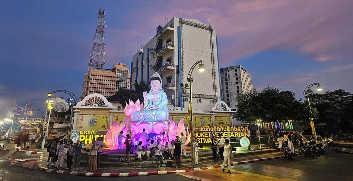 Phuket Vegetarian Festival 2024, an inflated goddess sitting on a lotus, decoration, during sunset; photo by Ivan Kralj.